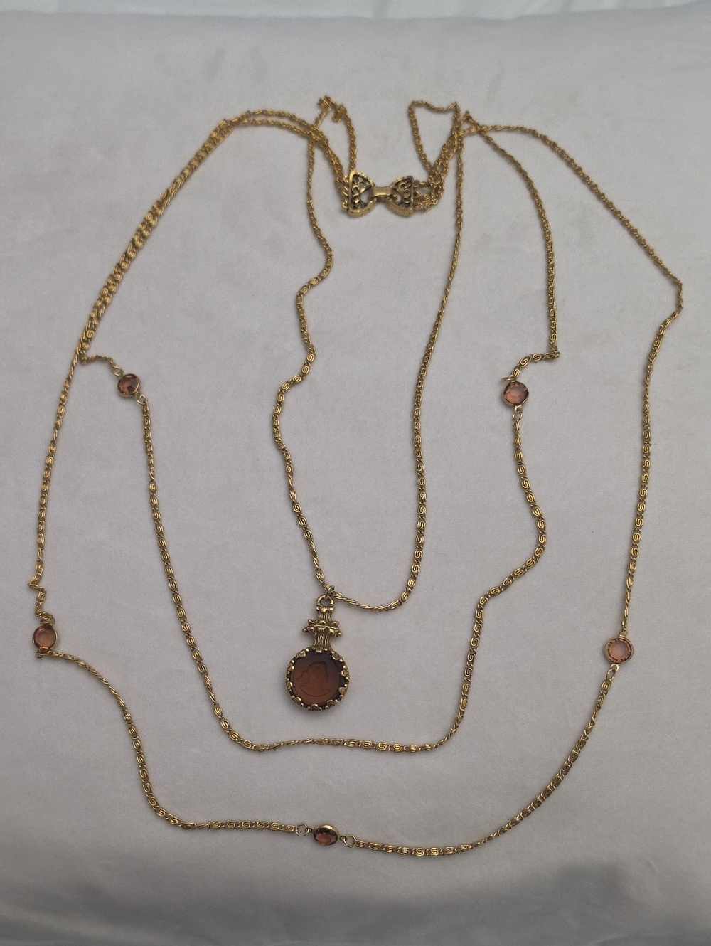 Gold-Tone Layered Necklace with Pink Stone Accents